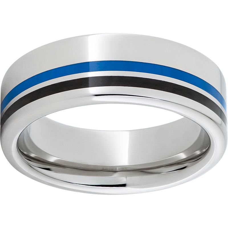Serinium Pipe Cut Band with One 1mm Blue Inlay and One 1mm Black Inlay