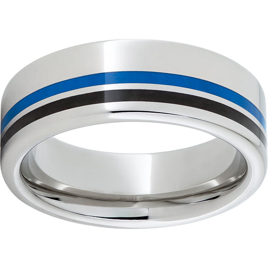Serinium Pipe Cut Band with One 1mm Blue Inlay and One 1mm Black Inlay