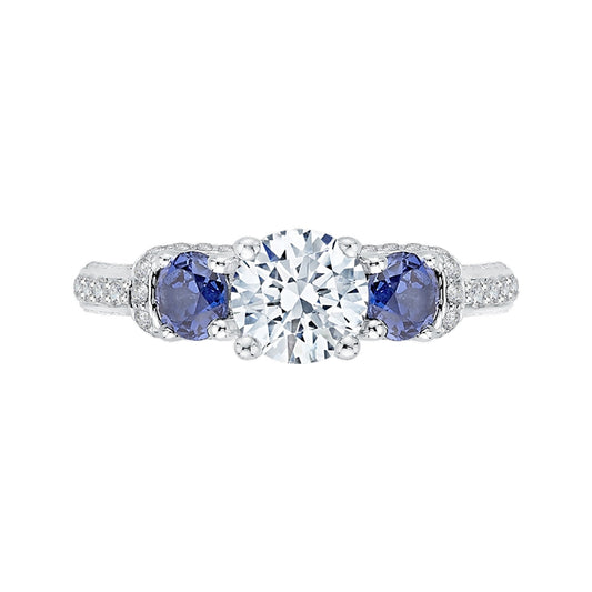 Shah Luxury 14K White Gold Euro Shank Round Diamond and Sapphire Three-Stone Engagement Ring (Semi-Mount)
