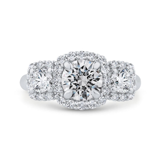 Shah Luxury 14K White Gold Round Cut Diamond Three-Stone Halo Engagement Ring (Semi-Mount)