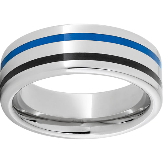 Serinium Pipe Cut Band with Two 1mm Grooves with Black and Blue Enamel