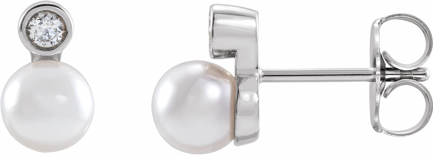 14K White Akoya Cultured Pearl & .06 CTW Diamond Bezel-Set Earrings