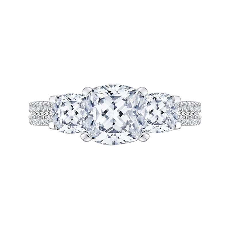 Shah Luxury Cushion Cut Diamond with Sapphire Three-Stone Cathedral Style Engagement Ring In 14K White Gold...