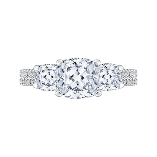 Shah Luxury Cushion Cut Diamond with Sapphire Three-Stone Cathedral Style Engagement Ring In 14K White Gold...