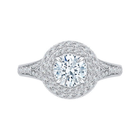 Shah Luxury 14K White Gold Round Diamond Double Halo Engagement Ring with Split Shank (Semi-Mount)