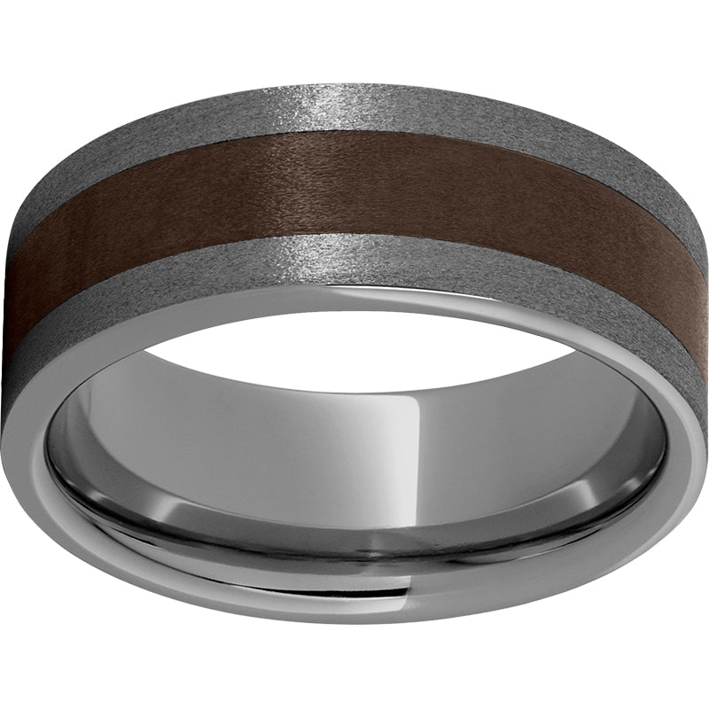 Rugged Tungsten  8mm Pipe Cut Band with Brown CeramicInlay and Stone Finish