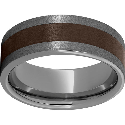 Rugged Tungsten  8mm Pipe Cut Band with Brown CeramicInlay and Stone Finish