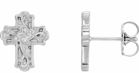 14K White Floral-Inspired Cross Earrings