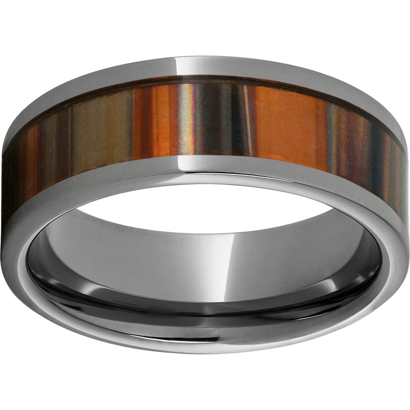 Rugged Tungsten  8mm Pipe Cut Band with Orange Patina Copper Inlay