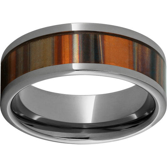 Rugged Tungsten  8mm Pipe Cut Band with Orange Patina Copper Inlay