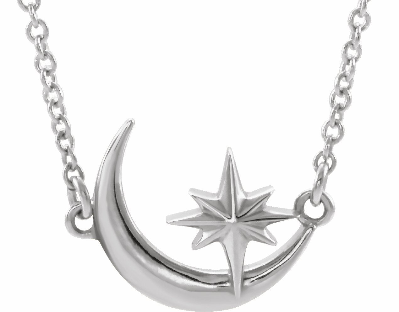 14K White Crescent Moon & Star 16-18 Necklace