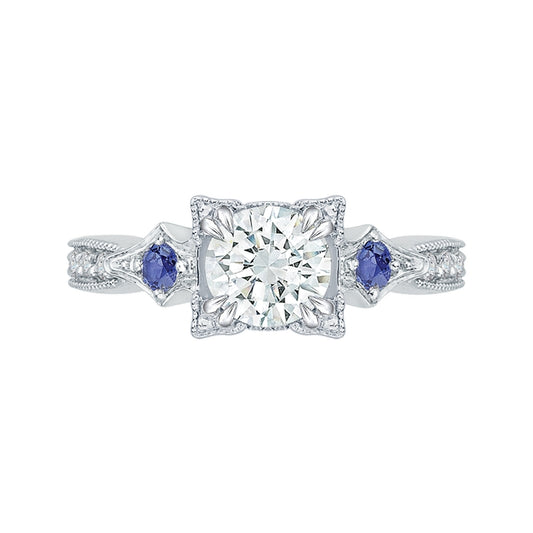 Shah Luxury 14K White Gold Round Diamond Engagement Ring with Sapphire (Semi-Mount)