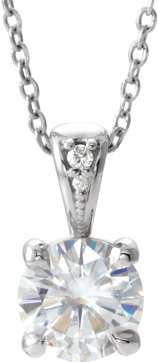 14K White 6.5 mm Round Forever Oneu2122 Moissanite & .01 CTW Diamond 16-18 Necklace