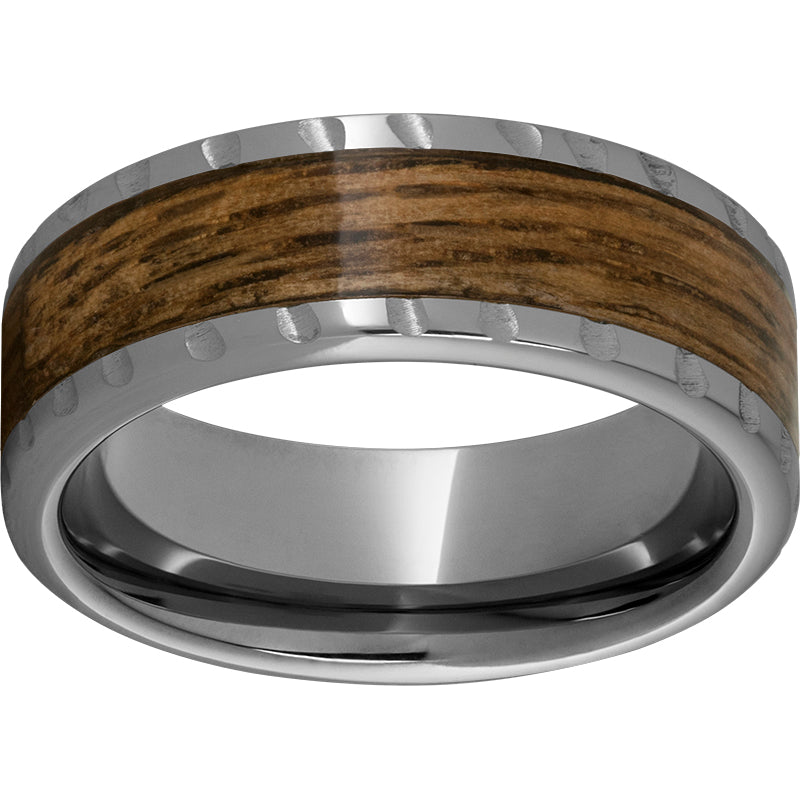 Rugged Tungsten  8mm Pipe Cut Band with Bourbon Barrel Aged Inlay and Scored Edge