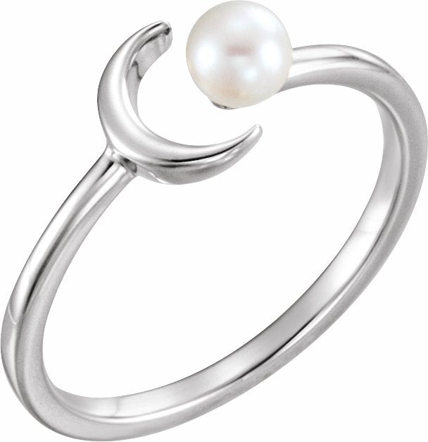 14K White Cultured Freshwater Pearl Crescent Moon Ring