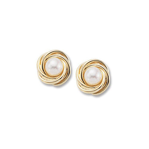 14K Yellow Gold Knot With 5mm Pearl Stud Earrings