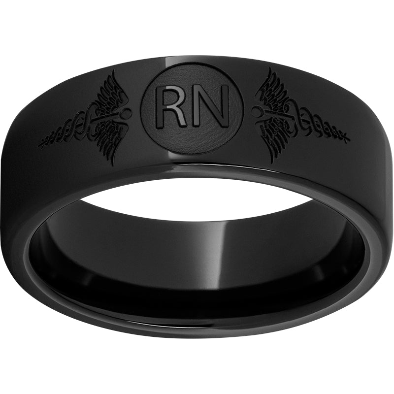 Black Diamond Ceramic Pipe Cut Band with Laser Engraving of Caduceus & Registered Nurse Initials