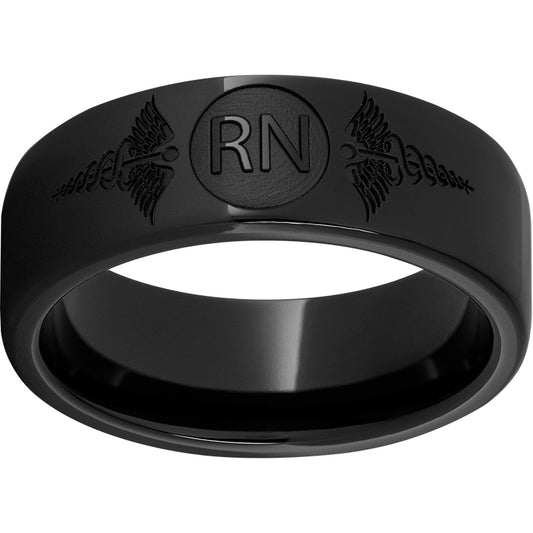 Black Diamond Ceramic Pipe Cut Band with Laser Engraving of Caduceus & Registered Nurse Initials