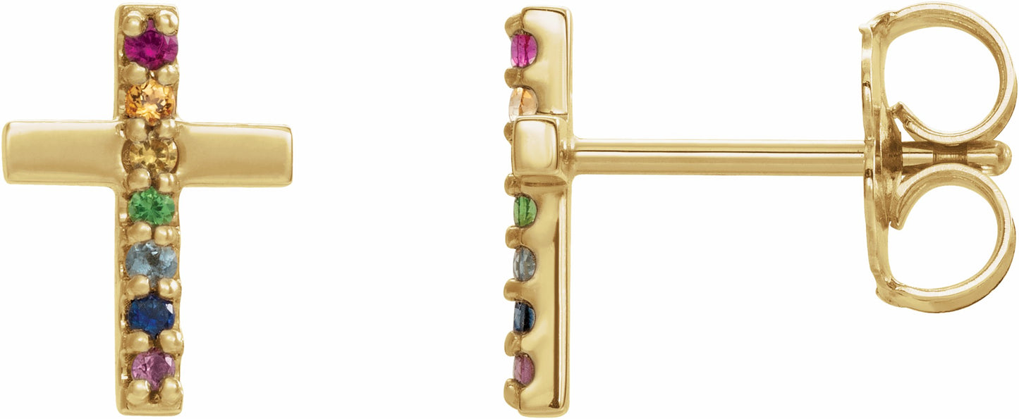 14K Yellow Multi-Gemstone Cross Earrings
