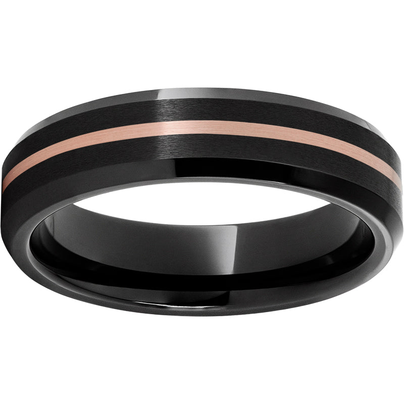Black Diamond Ceramic Beveled Edge Band with a 1mm 14K Rose Gold Inlay