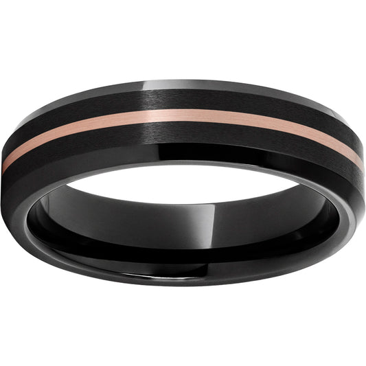 Black Diamond Ceramic Beveled Edge Band with a 1mm 14K Rose Gold Inlay