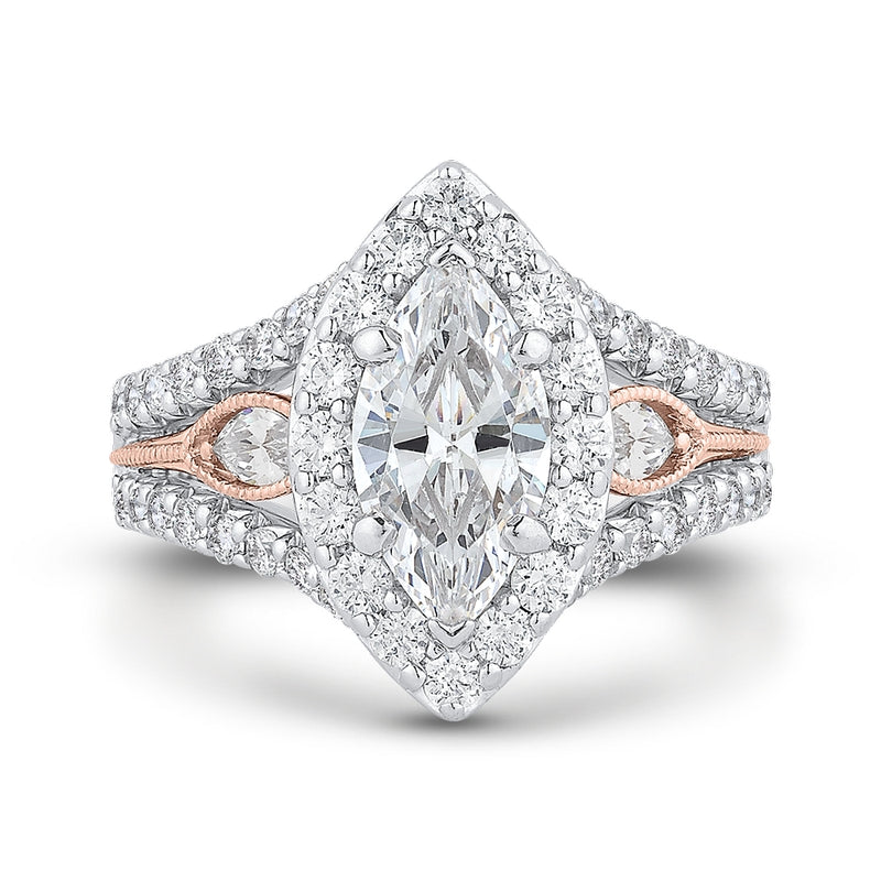 Shah Luxury 14K Two-Tone Gold Marquise Diamond Halo Engagement Ring with Split Shank (Semi-Mount)