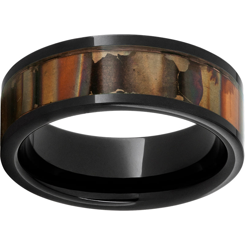 Black Diamond Ceramic Pipe Cut Band with Orange Patina Copper Inlay