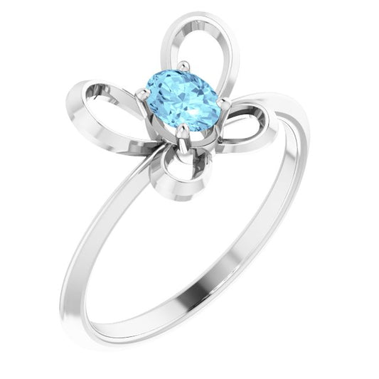 14K White 4x3 mm Oval March Youth Butterfly Birthstone Ring