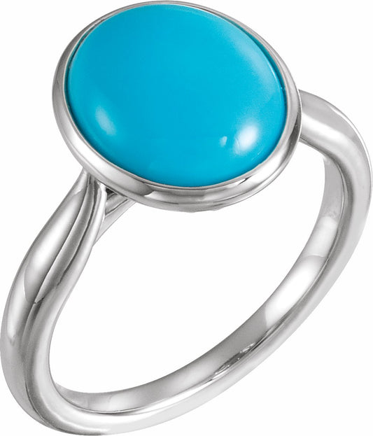 14K White 12x10 mm Oval Cabochon Turquoise Ring