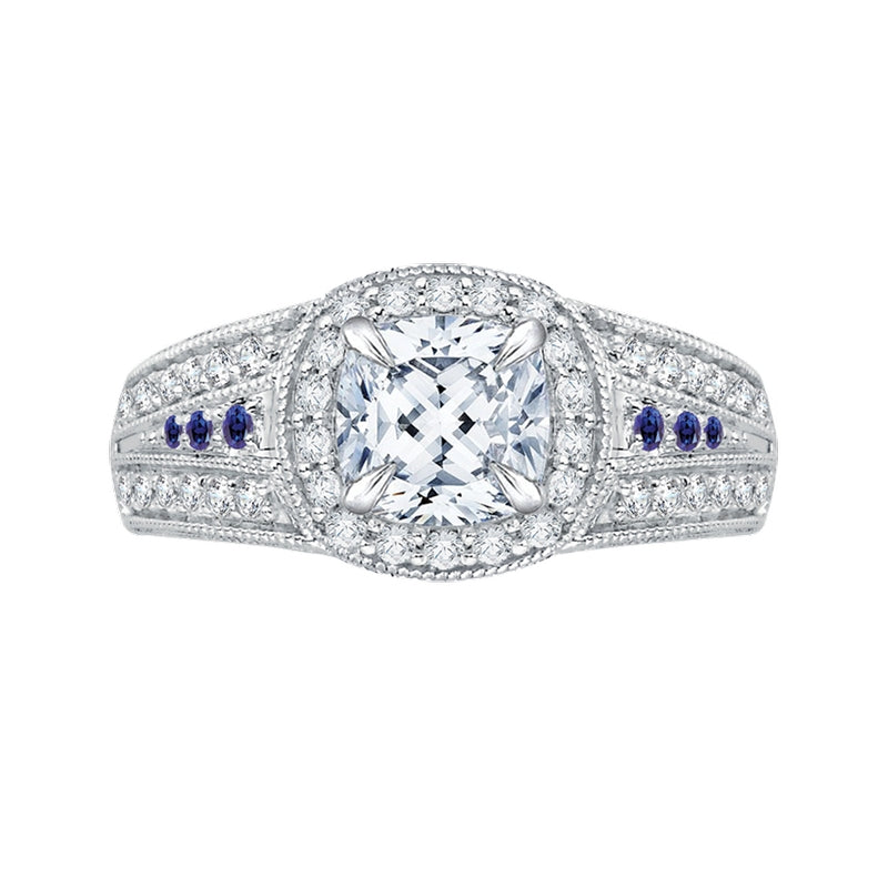Shah Luxury 14K White Gold Cushion Diamond and Sapphire Halo Engagement Ring (Semi-Mount)