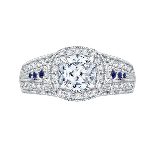 Shah Luxury 14K White Gold Cushion Diamond and Sapphire Halo Engagement Ring (Semi-Mount)