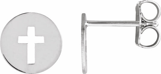 14K White 8 mm Pierced Cross Disc Earrings