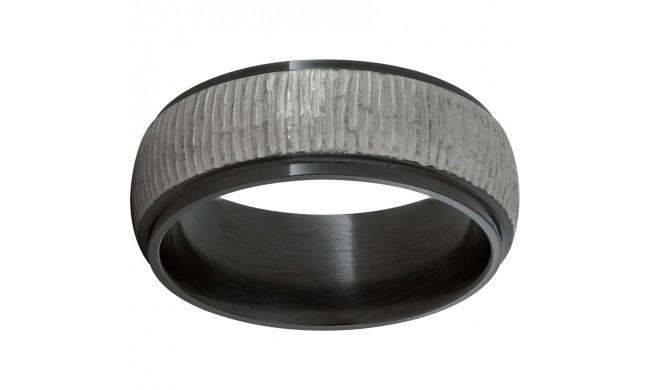 Black Zirconium Domed Band with Grooved Edges and Bark Finish