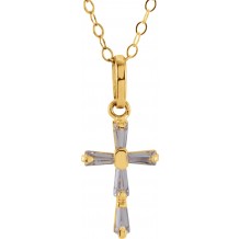 14K Yellow 3x1.5 mm Tapered Baguette Cubic Zirconia Youth Cross 15 Necklace
